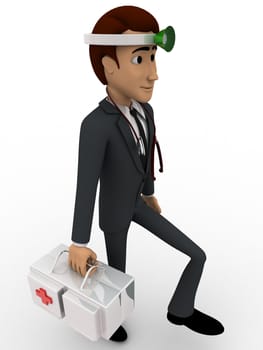 3d man doctor with medical kit in hand concept on white background, side angle view