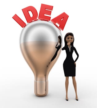 3d woman with idea silver bulb concept on white bakcground, front angle view