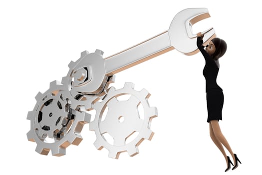 3d woman tightening nut and gears using mechanical wrench concept on white bakcground, side angle view