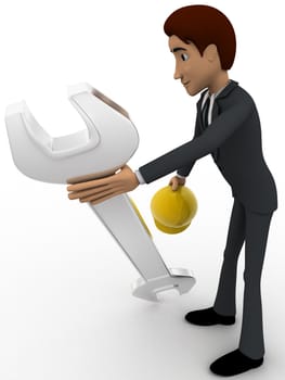 3d man mechanical engineer with hat and wrench concept on white background, side angle view