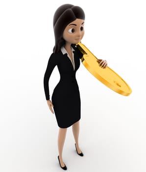 3d woman carry big golden key on shoulder concept on white bakcground, top angle view