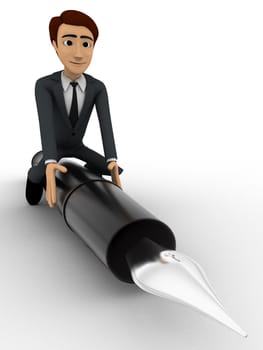 3d man standing on black fountain pen concept on white background, front angle view