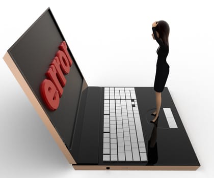 3d woman found error on laptop screen concept on white bakcground, side angle view