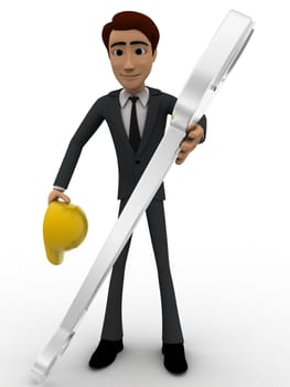 3d man mechanical engineer with hat and wrench concept on white background, front angle view