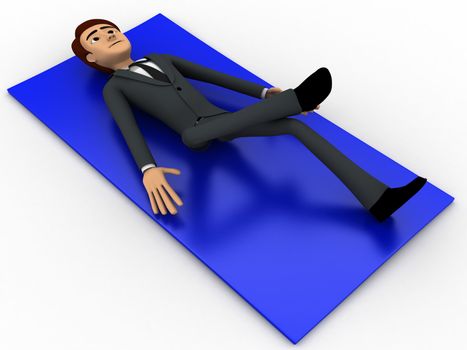 3d man doing yoga on blue carpet concept on white background, side angle view