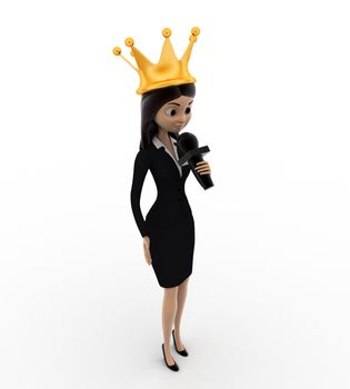 3d woman miss competition winner with crown speak in mic concept on white background, side  angle view