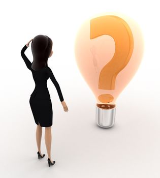3d woman looks confused while looking at question mark on bulb concept on white bakcground, back angle view