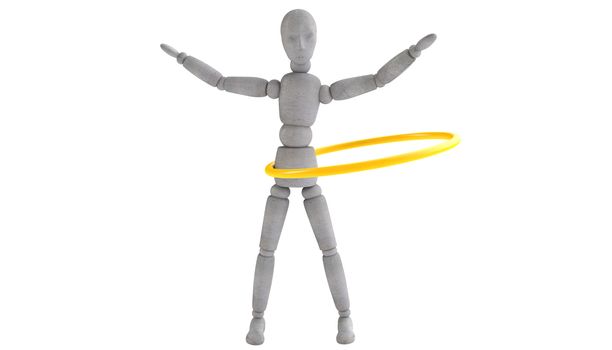 3d puppet model standing feet shoulder width apart, arms spread wide and turns yellow hoop with different camera angles and different focal lengths