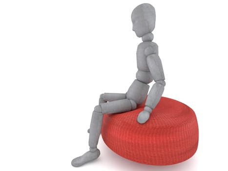 3d puppet model figure with a detached view of a slightly tilted head is sitting on a red sofa chair from different angles. great image to illustrate the problems in life or thinking