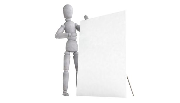 3d puppet model It is standing right behind a white widescreen horizontal billboards, holding it with both hands, consisting of joints