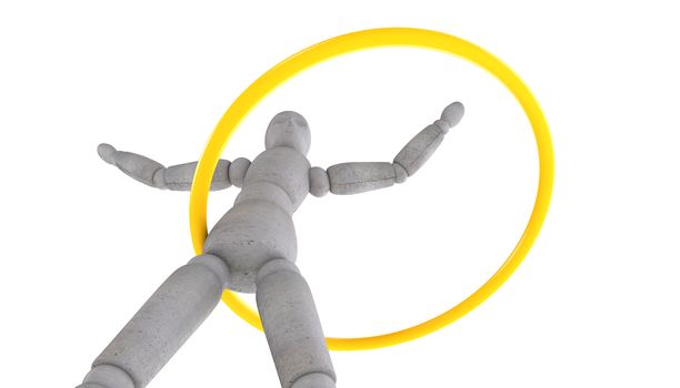 3d  puppet model standing feet shoulder width apart, arms spread wide and turns yellow hoop with different camera angles and different focal lengths