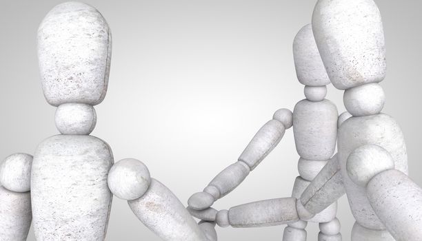 3d puppet model with stone texture stand and shake hands on a white and gray background