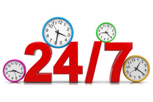 24-7 Service Red Text with Colorful Round Wall Clocks on White Background 3D Illustration