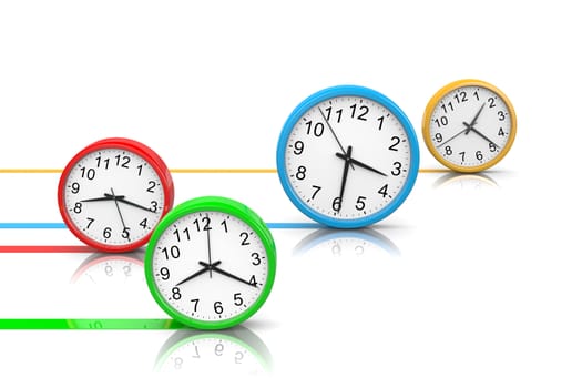 Colorful Round Clocks Rolling on White Surface, Running Time Concept 3D Illustration