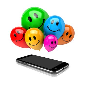 Smartphone and a Bunch of Balloons with Smiling Face on White Background 3D Illustration
