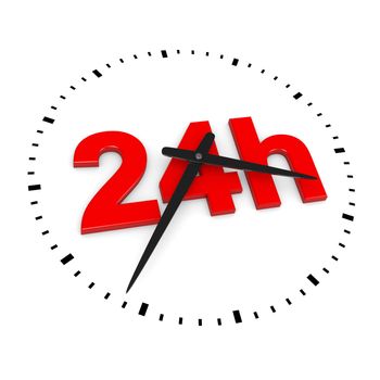 24h Service Red Text inside Round Wall Clocks on White Background 3D Illustration