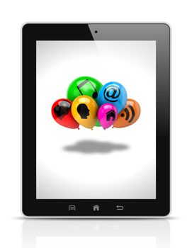 Tablet Pc Showing a Bunch of Balloons with Icon Symbols on White Background Illustration