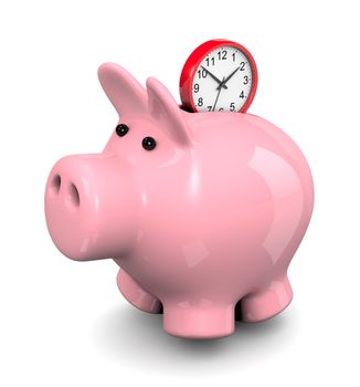 Red Round Clock Entering Pink Piggy Bank 3D Illustration on White Background, Save Time Concept