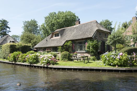 GIETHOORN, NETHERLANDS - JULY 18, 2015: view of typical houses of Giethoorn on July 18, 2015  in Giethoorn,The Netherlands. Giethoorn is also called 'the Venice of Holland' and receives 15.000 visitors yearly.