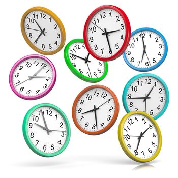 Colorful Wall Clocks Falling Down on White Background 3D Illustration