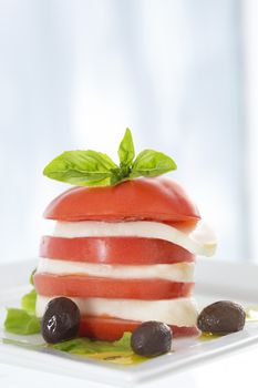 Layers of tomato cross-sections and mozzarella with basil.