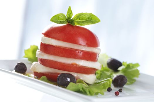 Layers of tomato cross-sections and mozzarella with basil.