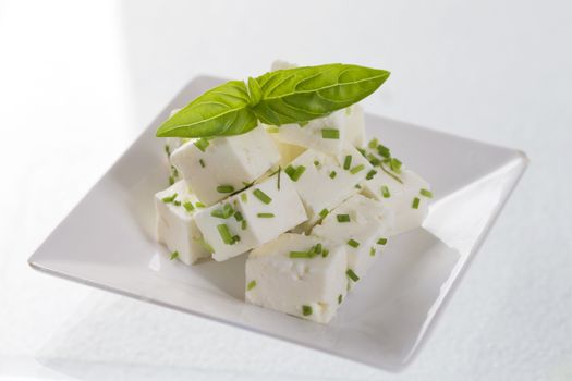Traditional Greek feta cheese with aromatic herds on plate