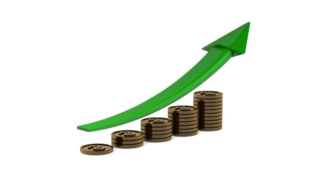 Business profit growth graph chart with reflection, isolated on white background.