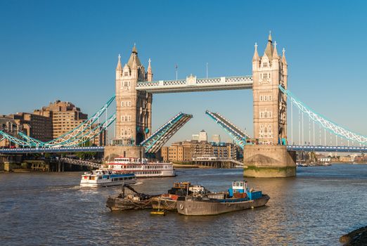 The Tower Bridge, London. Drawbridge opening.