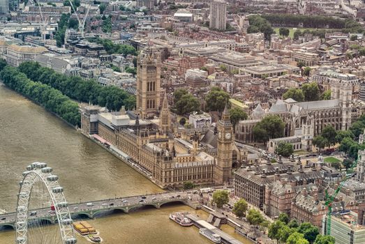 Helicopter view of Houses of Parliament and Westminster area, London - UK.