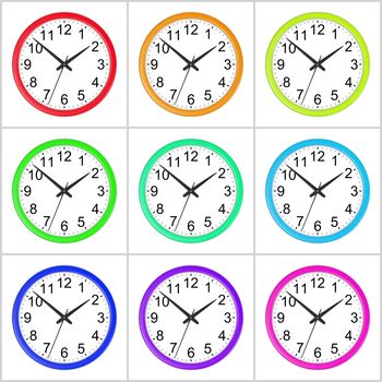 Collection of Colorful Round Wall Clock Isolated on White Background 3D Illustration