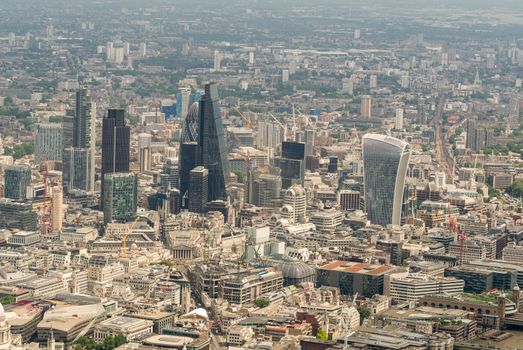 Helicopter view of City of London. Aerial modern skyline.