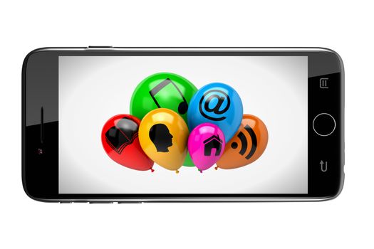 Smartphone Showing a Bunch of Balloons with Icon Symbols on White Background 3D Illustration
