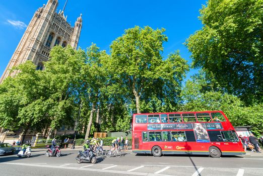LONDON - JUNE 14, 2015: Double Decker Bus in Westminster. The London Bus service is one of the largest urban bus networks in the world with 8,000 buses covering 700 routes.