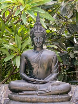 Metal buddha statue lotus pose in the garden.