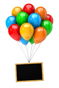 Bunch of Vibrant Color Balloons Holding Up a Blank Chalkboard on White Background 3D Illustration