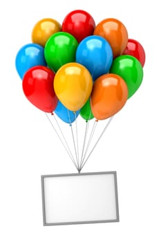 Bunch of Vibrant Color Balloons Holding Up an Empty Banner on White Background 3D Illustration