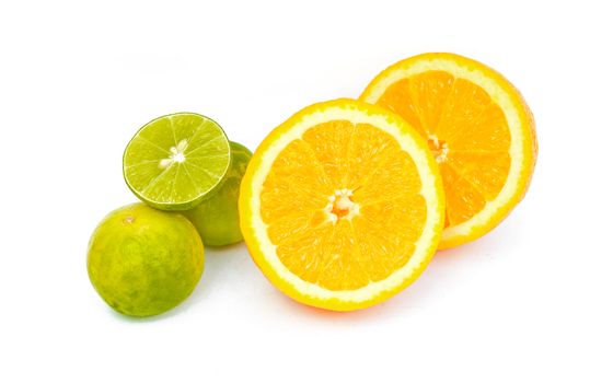 Slice of fresh orange and Slice of fresh lime on white background.Healthy citrus fruity food.
