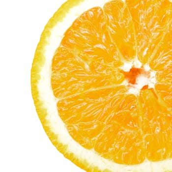 Slice of orange fruit on white background.