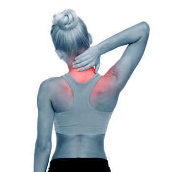 fitness, healthcare and medicine concept - sporty woman touching her neck