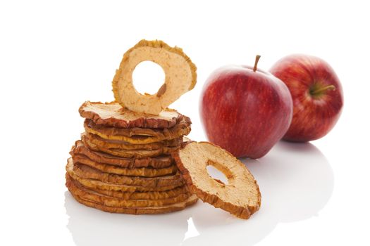 Dry apples isolated on white background. Healthy snack eating.