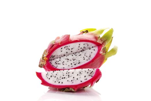 Delicious ripe dragon fruit isolated on white background. Tropical fruit, pitaya concept. Healthy eating. 