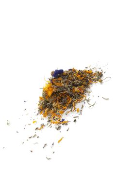 Pile of herbal dry tea with flower isolated on white background. Healthy tea drinking, alternative medicine.