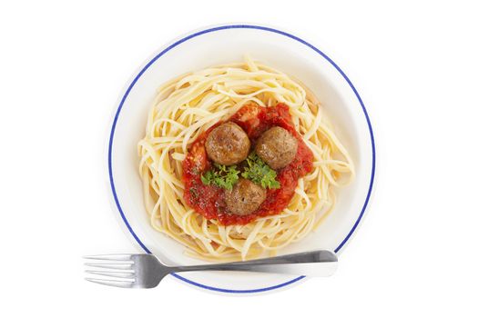 Pasta with tomato sauce and meatballs. Traditional mediterranean eating. 