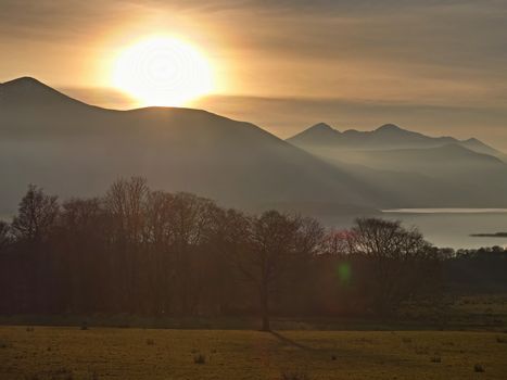 Foogy Autumn landscape over Lough Leane Lake in  Killarney National Park