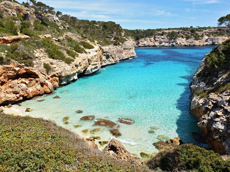 Cala des Moro beach bay azure sea water, at Majorca in Spain