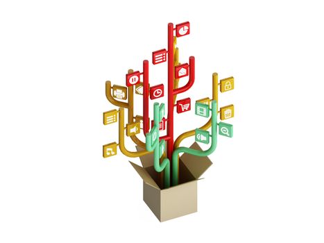 the tree consisting of the icons on the topic of social media. Out of the Box