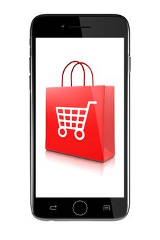 Smartphone Showing Shopping Bags with Shopping Cart Symbol Isolated on White Background Illustration, Online Discount Concept