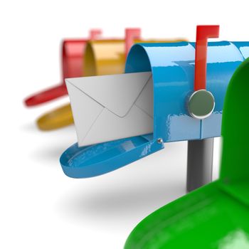 Colorful Mail Boxes on White Background 3D Illustration