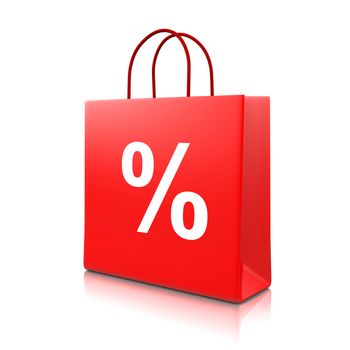 Red Shopping Bag with Percent Sign Isolated on White Background 3D Illustration, Sale Concept